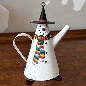 Vintage Department 56 Snowman Teapot Ornament Hand-Painted Metal Winter Decor